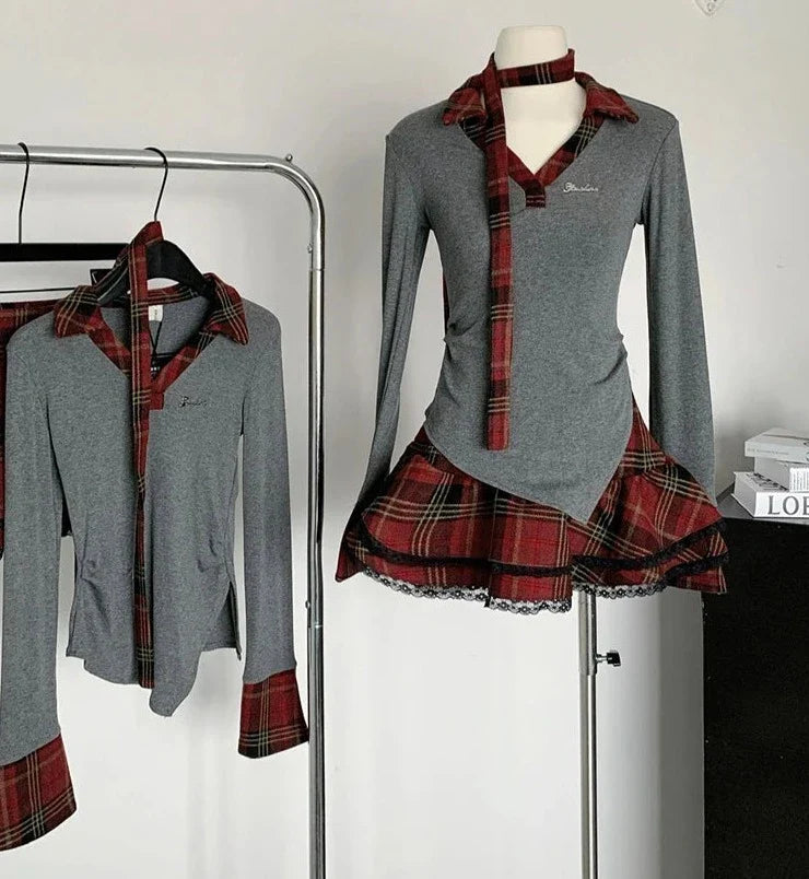 Women Korean Fashion 2000s Aesthetic Y2k Outfits 2 Piece Set Vintage Long Sleeve V-Neck Tops + Mini Plaid Tierred Ruffles Skirts