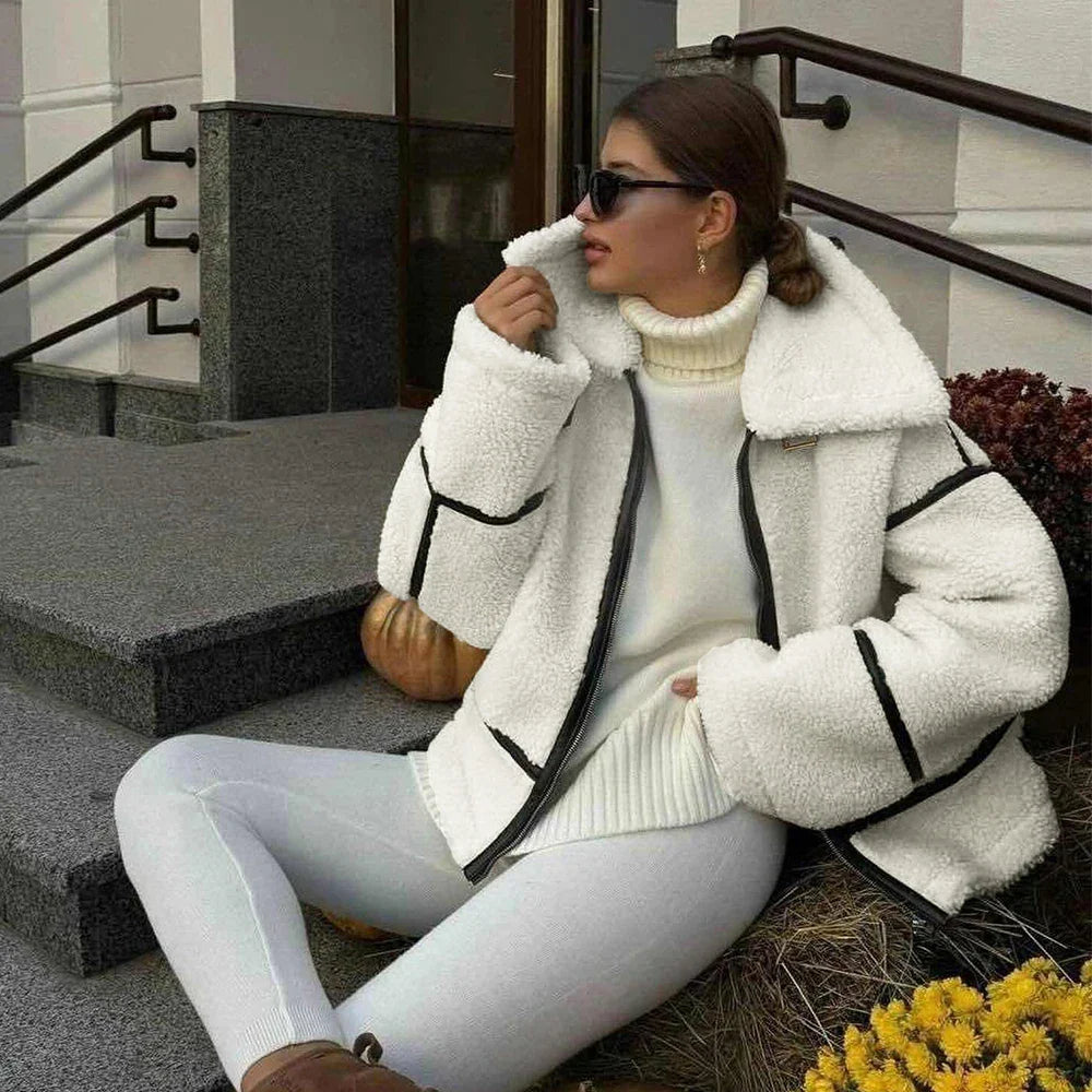 maoxiangshop  -  Winter Warm Lamb Wool Jacket Casual Loose Thick Coat Contrast Color One Piece Faux Fur Jacket Coat Plush Jacket Women