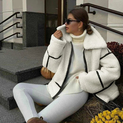 maoxiangshop  -  Winter Warm Lamb Wool Jacket Casual Loose Thick Coat Contrast Color One Piece Faux Fur Jacket Coat Plush Jacket Women
