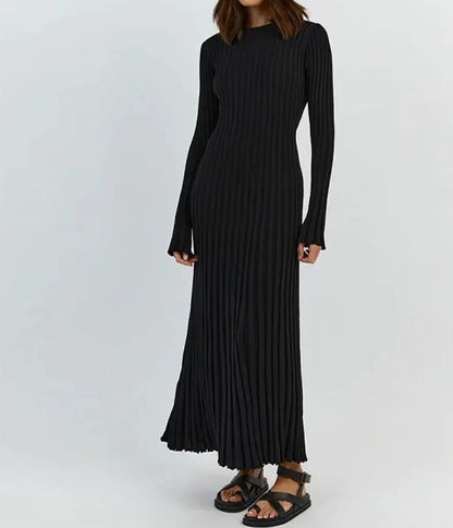 maoxiangshop Women Knitted Long Dress Casual Solid Color O-neck Ribbed Long Sleeve Pleated Dresses Elegant Lace Up Bodycon Maxi Dress Robe