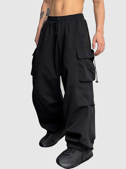 maoxiangshop Loose Fit Cargo Pants for Men Solid Streetwear Tooling Trousers Mid-waist Drawstring Beam Feet Long Pants