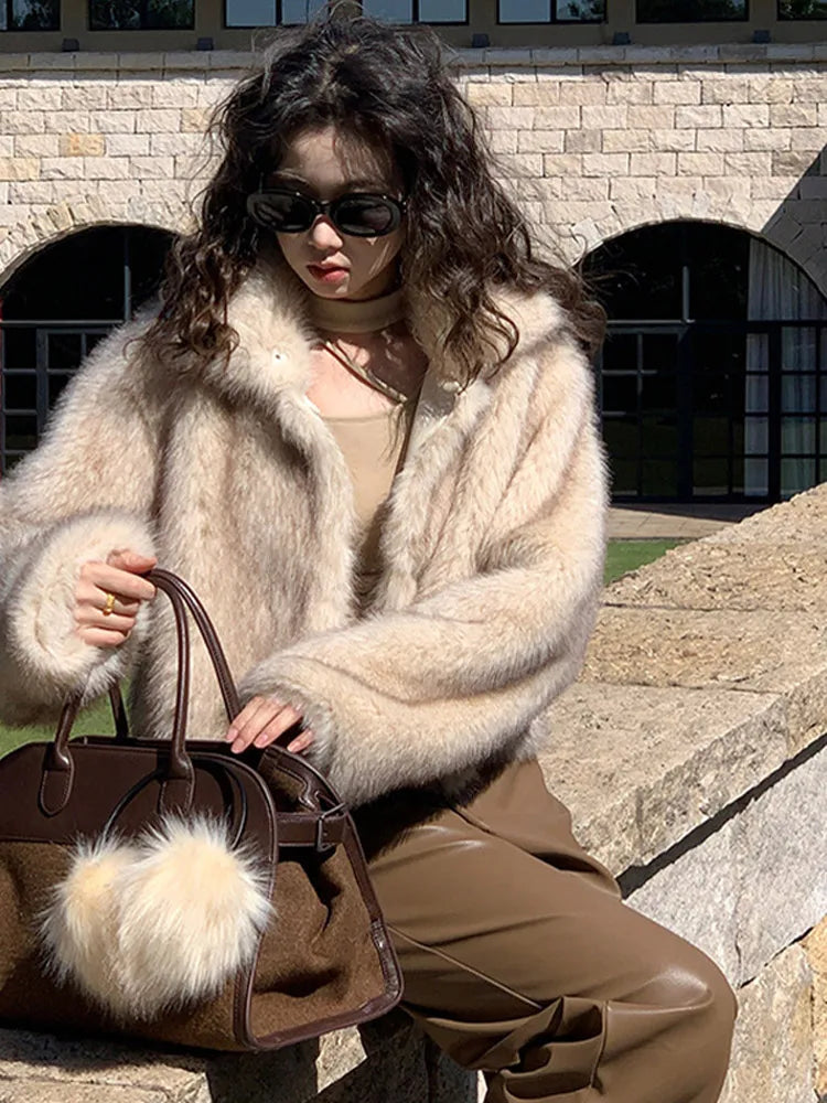 maoxiangshop  -  Vintage Warm Open Fur Coats Women Casual Warm Lapel Solid Faux Fur Overcoats Female Winter Elegant Loose Chic Street Outwear
