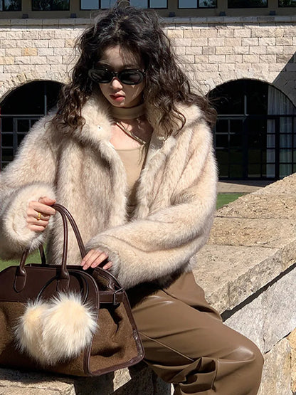 maoxiangshop  -  Vintage Warm Open Fur Coats Women Casual Warm Lapel Solid Faux Fur Overcoats Female Winter Elegant Loose Chic Street Outwear
