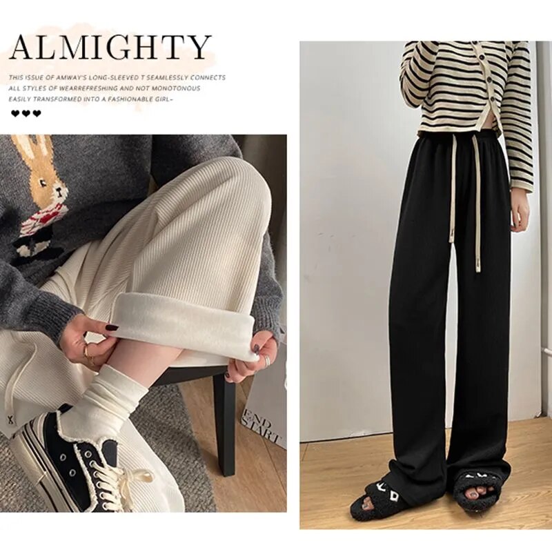 maoxiangshop Keep Warm Thickened Corduroy Trousers Wide Leg Sweatpants Winter Straight Pants Solid Plush High Waist Casual Women's Trousers