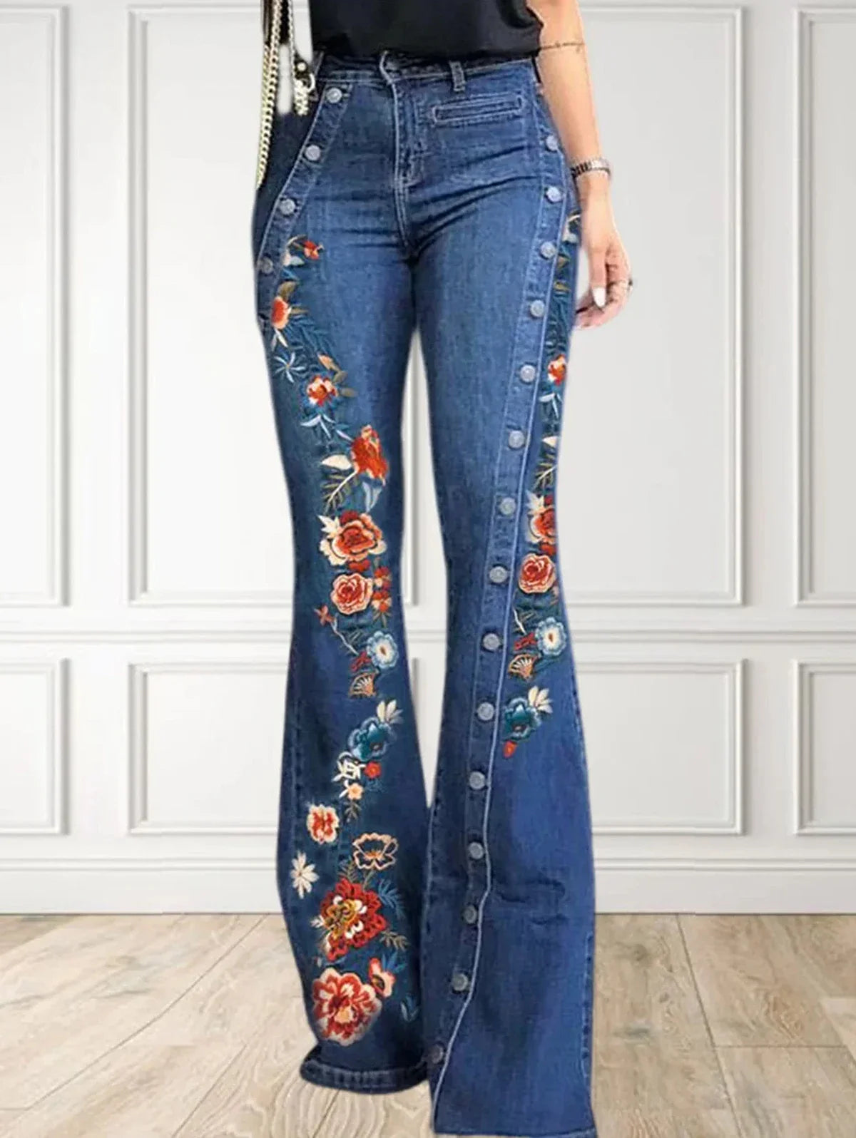 maoxiangshop Women Fashion Plain Button Decor Flare Leg Long Denim Pants Floral Embroidery Ladies High Waist Skinny Bottom Wide Leg Jeans