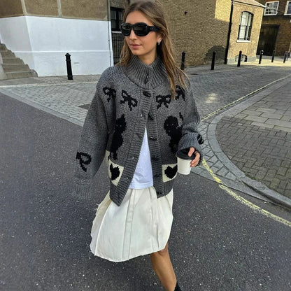 maoxiangshop  -  Thicken Cardigan Sweater Outwear Women  Autumn Winter Retro Cat Love Pattern Stand Collar Horn Button Knitted Cardigan