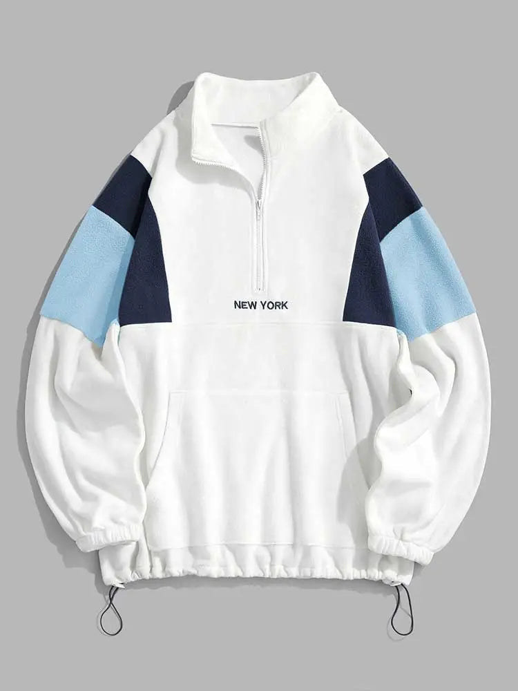 maoxiangshop Hoodie for Men Fluffy Polar Fleece Sweatshirts New York Embroidery Turtleneck Hoodies Pullover Color Block Zipper Sweats