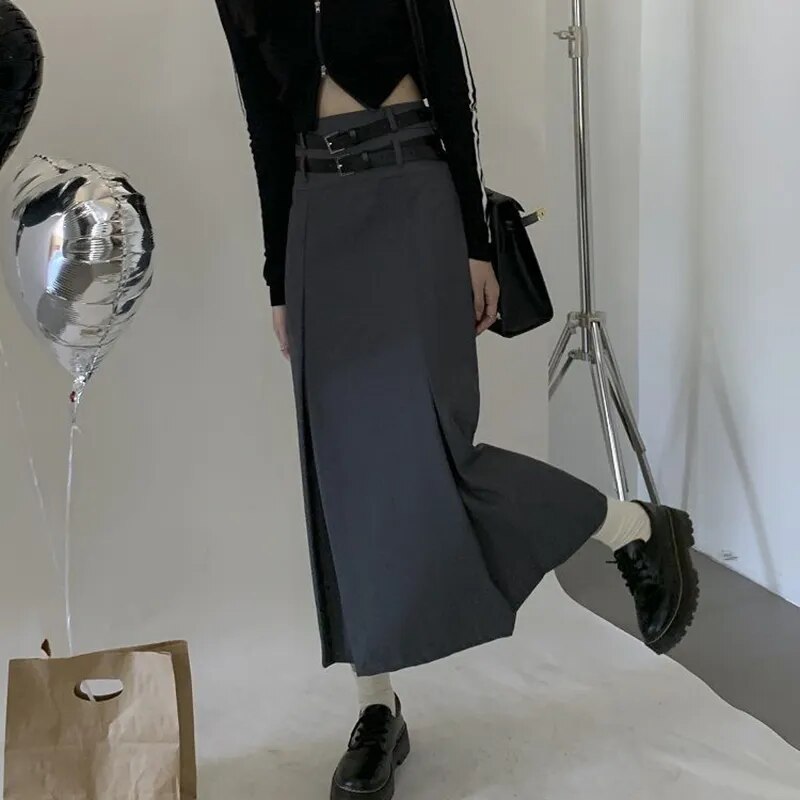 maoxiangshop Korean Style High Waist Long Skirt Women Summer Double Belt Preppy Midi Skirts Woman Pleated Black Gray A Line Skirt