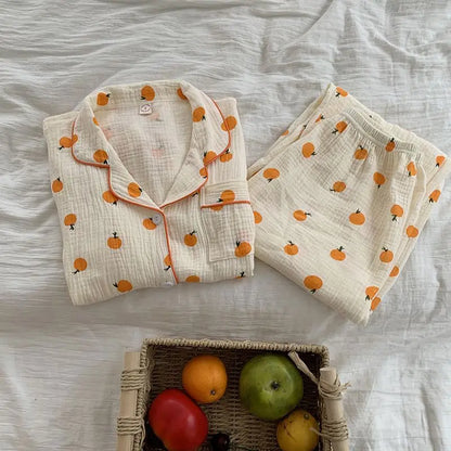 maoxiangshop  -  Cotton Double-layer Gauze Pajamas For Women's Fashion Cute Carrot Print Long Sleeve Tops + Pant Home Clothing Two-piece Set