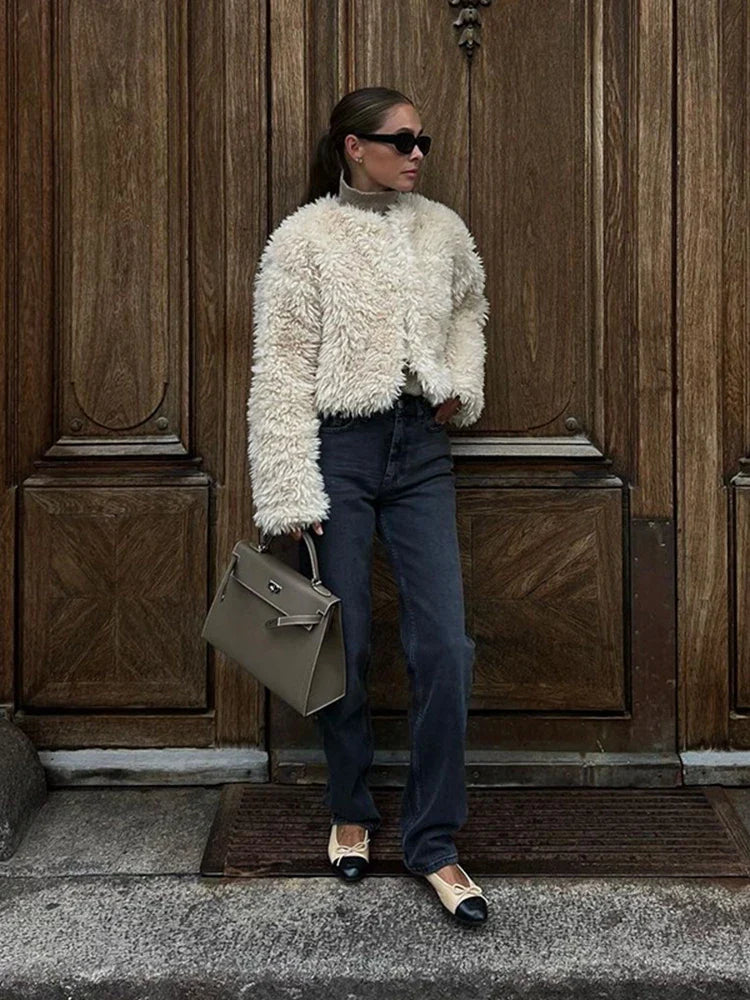 maoxiangshop -  Winter Loose Artificial Fur Jacket Women Fashion O Neck Long Sleeve Plush Warm Coat Autumn Chic Office Lady Thick Gary Outerwear