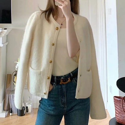 maoxiangshop Elegant Knitted White Jacket Women Round Neck Autumn Winter Fuzzy Cardigan Woman New Long Sleeve Sweater Jacket