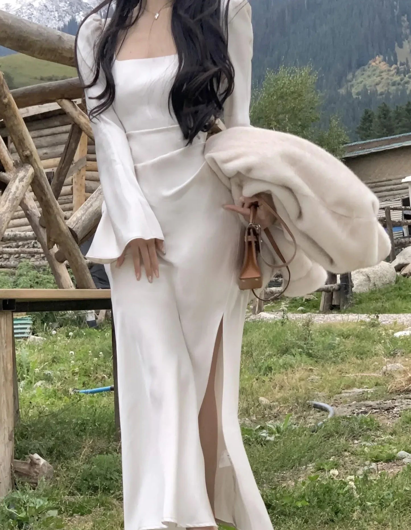 Elegant Square Collar Satin Midi Party Dress for Women Autumn New Long Sleeve Split Slim Vestidos Female Spring Korean Clothes