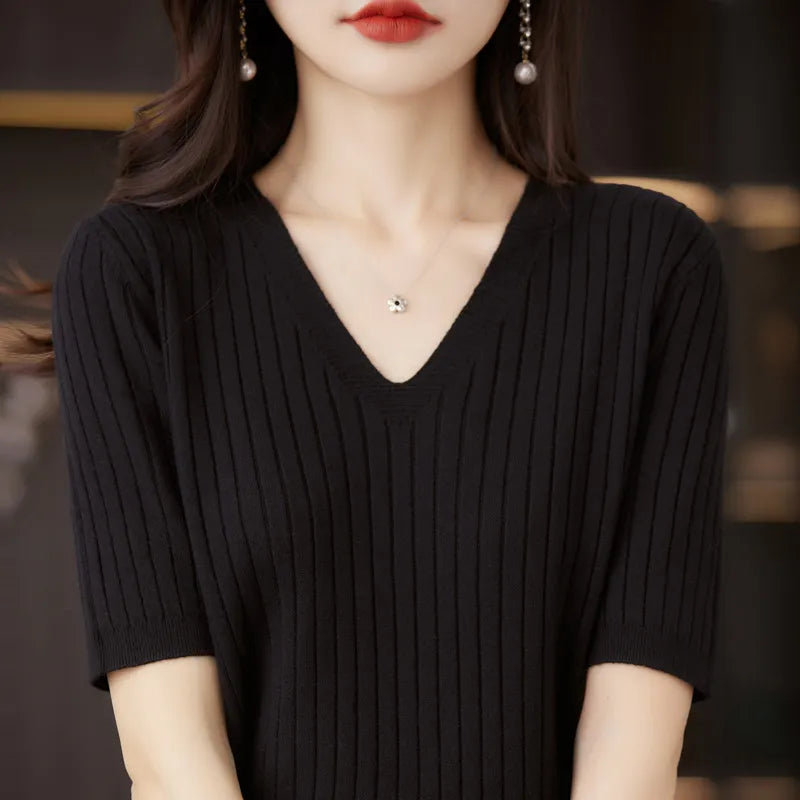 Women Sweater Short Sleeve V-neck Stripe Knitwears Slim Fit Shirt Korean Fashion Pullovers Thin Knit Tops 2023 Bottoming Shirts