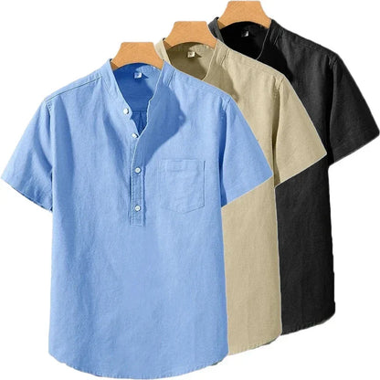 maoxiangshop New Mens Short Sleeve T Shirts Solid Color Stand Up Collar Shirt Summer Trendy Breathable Loose Youth Basic Cotton Pocket Top