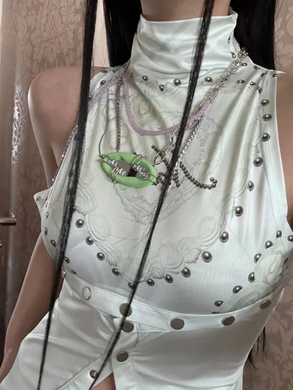 maoxiangshop  -  Rivet Button Printed Vest for Women American Retro Fashion Street Slim T-shirt Summer Sexy Hot Girl Y2k Crop Top Gothic Clothes