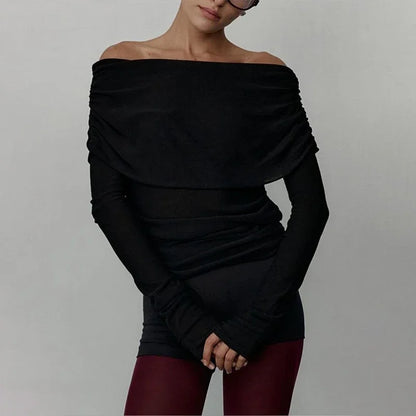 maoxiangshop  -  Women's Sweater Pullovers Long Sleeve Knitted One-Shoulder Sexy Slim Top Solid Color Autumn Winter 2024 Fashion Casual
