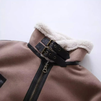 maoxiangshop  -  Women Warm Faux Shearling Jacket Coat Lapel Bomber Jacket with Belt Metal Zip Thick Jacket Winter Female Outerwear