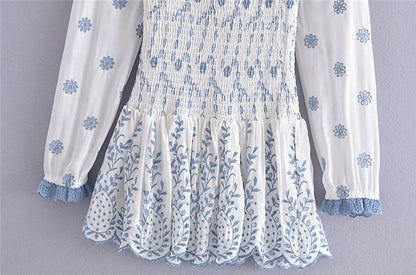 maoxiangshop Spring Summer Vintage New Fashion Women Embroidered Elastic Square Neck Puff Long Sleeve Short Mini Dress