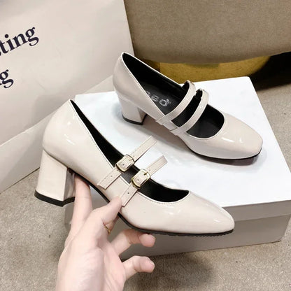 Spring Autumn Women Double Buckle Mary Janes Shoes Patent Leather Dress Square Head Square Heel Solid Color Women's Shoes