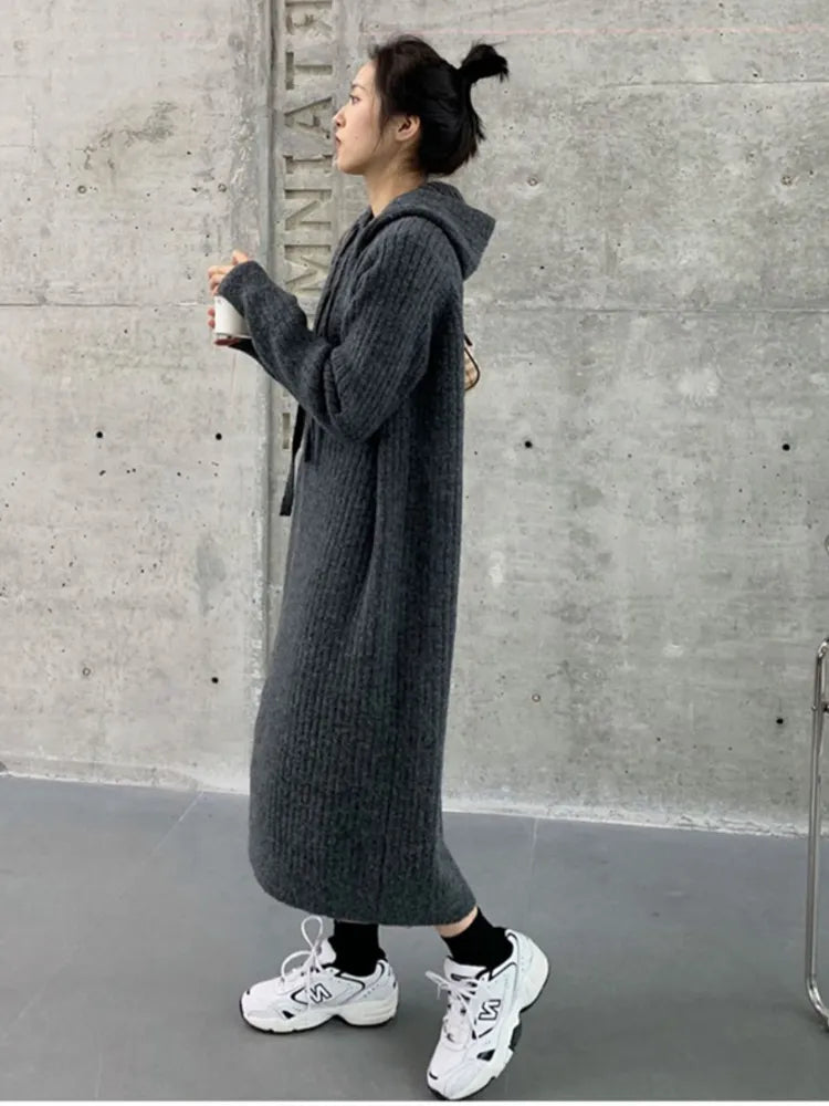 Long-sleeved Dress Autumn Winter Hooded collar LOOSE Sweater Women's Long Over-the-knee Knitted Dress Elegant Women's Sweater