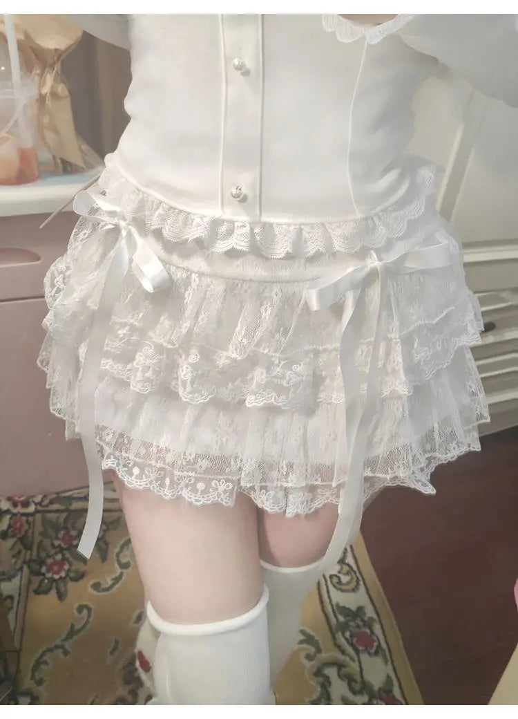 Y2k Lace Sweet Girl Korea Summer Skirts Women Clothes White MIni Skirt High waist Loose Grunge Kawaii Cute A-line Fluffy Skirt