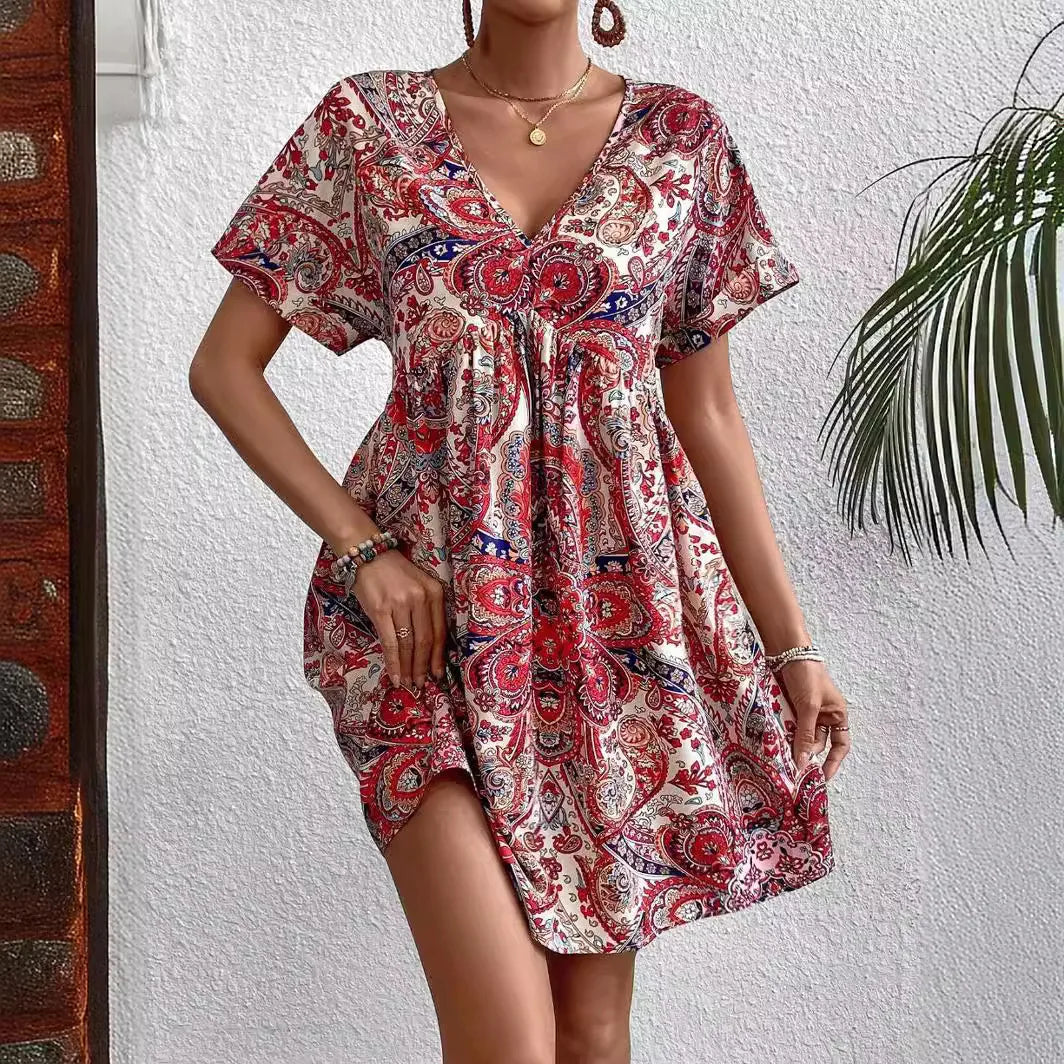 maoxiangshop 2024 Summer New Women Ethnic Graphic Print Dress Beach Bohemian Sundress V Neck Short Sleeve Dress Holiday Dresses Vestidos