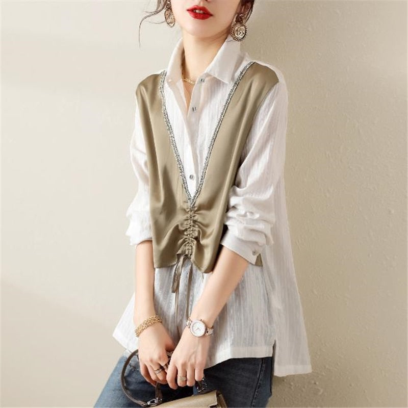 Women's Korean Patchwork Fake Two Pieces Shirts Spring Autumn Trendy Loose Chic Blouse Simple Casual Drawstring Long Sleeve Tops