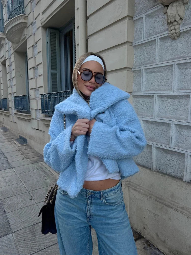 maoxiangshop -  Lapel Collar Long Sleeve Plush Coat Women Elegant Thicken Warm Short Jacket Autumn Winter Lady Fashion Party Prom Outwears