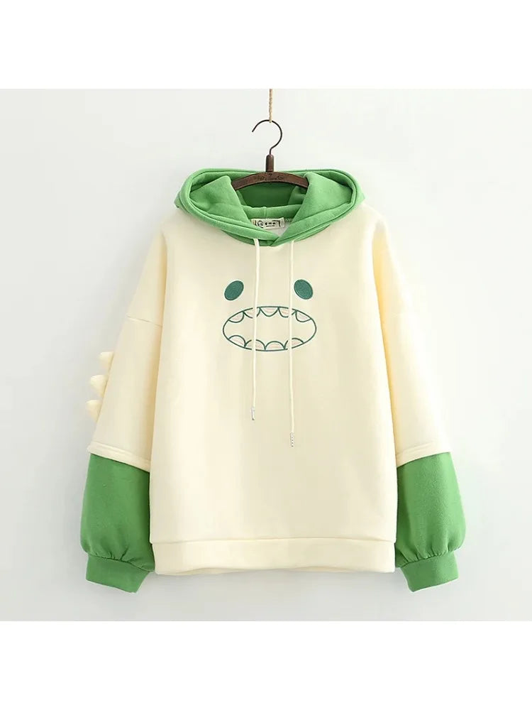 maoxiangshop Women Hooded Sweatshirt Casual Loose Long Sleeve Cartoon Embroidery Hoodies Female Winter Fleece Thick Pullover