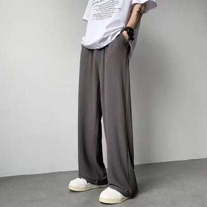 maoxiangshop Summer Texture Straight Pants For Men Korean Fashion Baggy Wide-leg Trousers Casual Drape Pleated Striped Y2K Pantalones Hombre