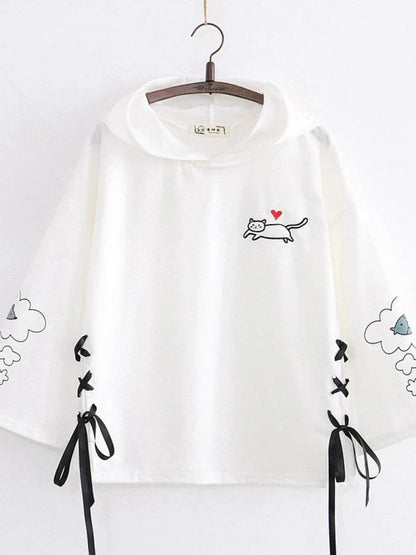 maoxiangshop Women Black Cartoon Cat Embroidery Hooded Sweatshirt Lace Up Korean Hoodies Summer Harakuju Casual Cute