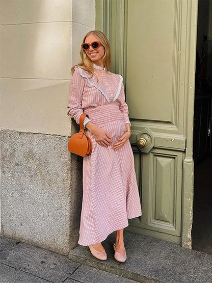 maoxiangshop  -  Fashion Striped Print Skirt Set For Women Ruffles Round Neck Long Sleeves 2 Pieces Sets Spring Summer Cute Street Lady Outfit