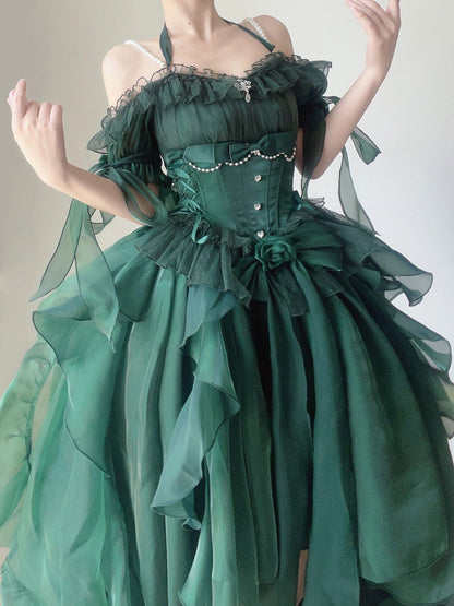 maoxiangshop Green Flower Wedding Dress Cos Lolita Dress Op Dress Lolita Heavy Industry Trail Puffy Princess Dress, Lolita Cosplay