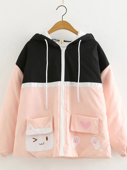 Women's Cartoon Print Harajuku Cotton Coat Patchwork  Jackets 2023 Winter Long Sleeve Hooded Warm Parka