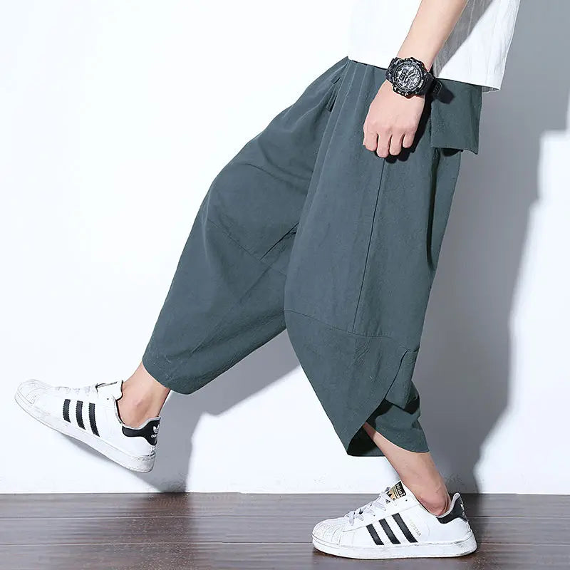 maoxiangshop 5XL Baggy Cotton Harem Pants Men Summer Print Japanese Vintage Solid Men Women Hip Hop Plus Size Wide Leg Pants Pantalon