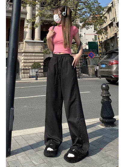 maoxiangshop Side Stripe Retro Loose Lace-up Wide Leg Casual Long Women Pants Korean Fashion High Waist Trouser Lady Autumn Y2k Street Pants