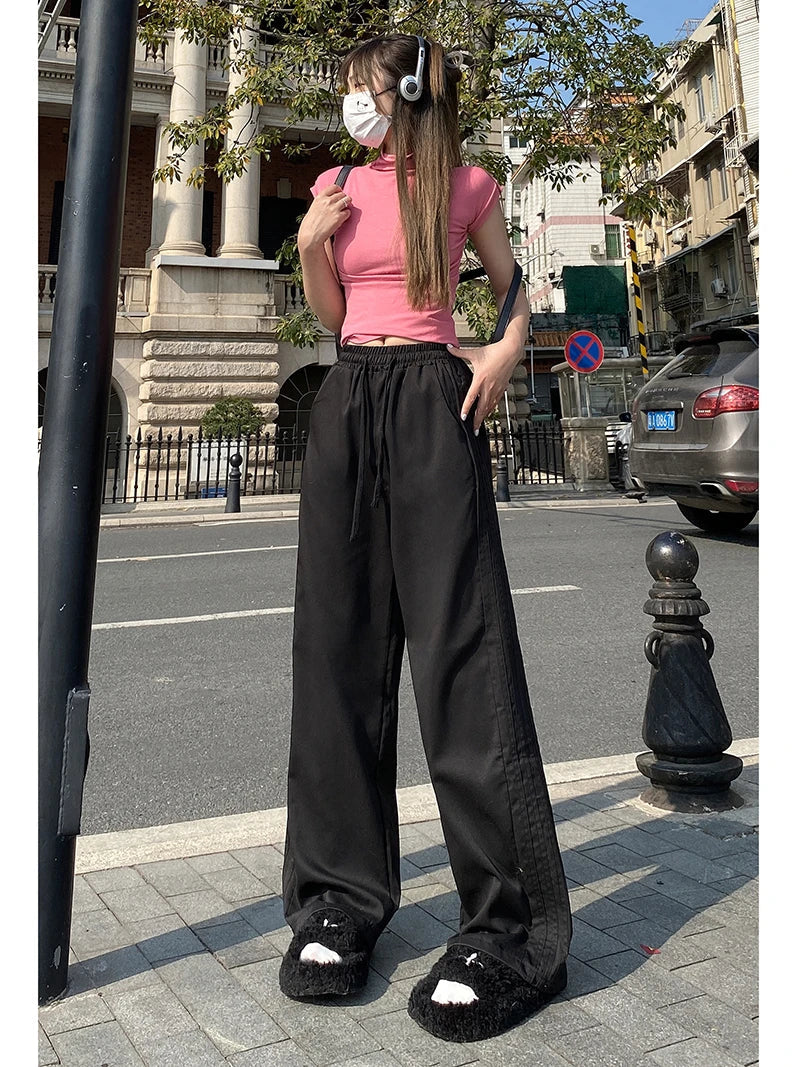 maoxiangshop Side Stripe Retro Loose Lace-up Wide Leg Casual Long Women Pants Korean Fashion High Waist Trouser Lady Autumn Y2k Street Pants