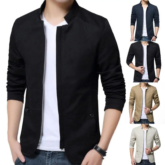 maoxiangshop Casual Men Blazer Spring Autumn Stylish Business Casual Jacket Solid Color Stand Collar Zipper Pockets Thin Slim Blazer Coat