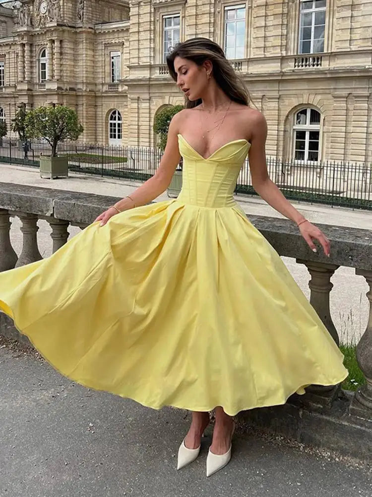 Women Elegant Yellow Pleated Evening Gowns Sleeveless Deep V Neck Off Shoulder Backless Long Dresses Lady Sexy Party Robes