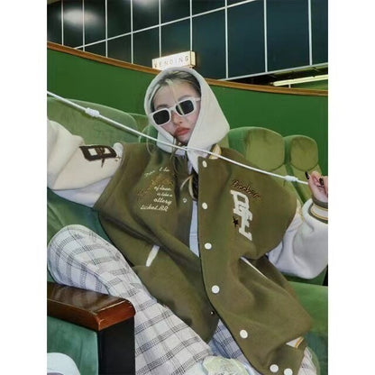 Embroidered Hooded Baseball Uniform Women's Winter 2023 New Student Couple American Retro Plus Velvet Casual Hooded Jacket Top