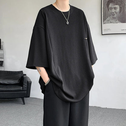maoxiangshop Black/White/Green Pleated T Shirt For Men Summer Short Sleeve Plain T-Shirt Fashion Shirts Round Collar Sports Tops Tee