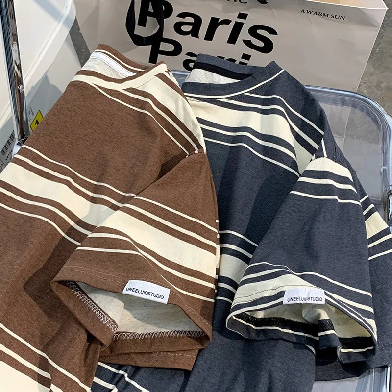 maoxiangshop M-3XL Vintage T-shirts Men Striped Y2k Tops Baggy Round Neck Korean Fashion Couple Clothes Teens Chic Handsome Camisetas Summer