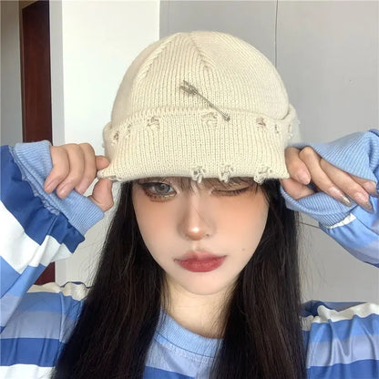 maoxiangshop Winter Harajuku Y2K Knitted Hat Women Fashion Warm Thick Men Hip Hop Pin Hole Skullcap Short Hat Unisex Basic Cap