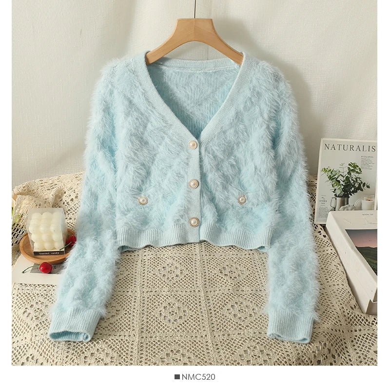 maoxiangshop Women Mohair Cardigan Blue Soft Fuzzy Knit Sweater with Pearl Button Autumn Winter