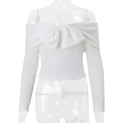 maoxiangshop  -  Bows One-Shoulder Knitted Sweater For Women Sexy Navel Exposed Long Sleeve Ribbed Top Pullover Female Slim Autumn Fashion