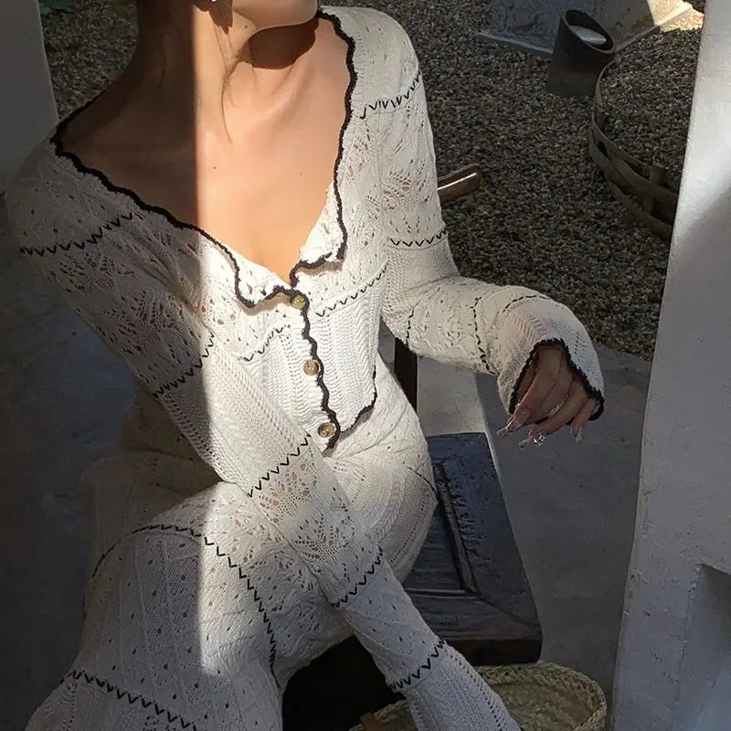 maoxiangshop  -  Sweet Hot Girl Suit Women's Autumn Slim O-Neck Knitted Cardigan High Waist Long Skirt Two-piece Set Fashion Female Clothes