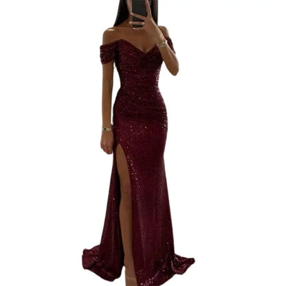 maoxiangshop-Solid Color Long Sleeve Dress Elegant Sequin V-neck Maxi Dress for Evening Party Prom Off Shoulder Slim Sexy Split Long Dress