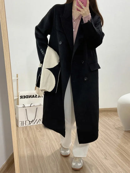 maoxiangshop Winter Thick Office Lady Long Wool Coat Elegant Fashion Faux Wool Jacket Women Simple Grey Long Sleeve All Match Outwear