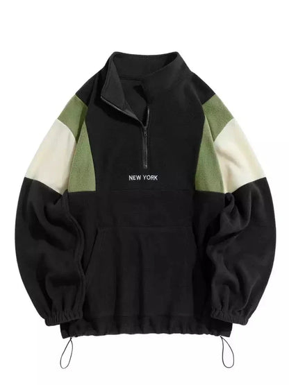 maoxiangshop Hoodie for Men Fluffy Polar Fleece Sweatshirts New York Embroidery Turtleneck Hoodies Pullover Color Block Zipper Sweats