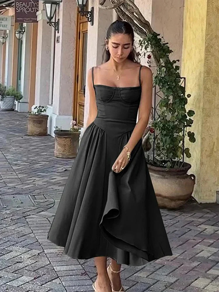 Elegant Women Solid Sling Long Pleated Dress Chic Sleeveless Backless A-line Dresses 2024 Summer Party Club Evening Robes